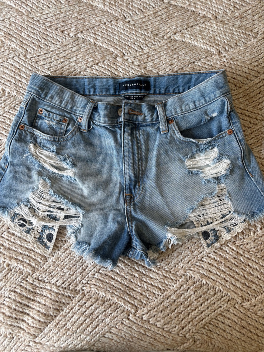 *3 for 20* Aeropostale Light Wash Distressed Denim Shorts with crochet insets